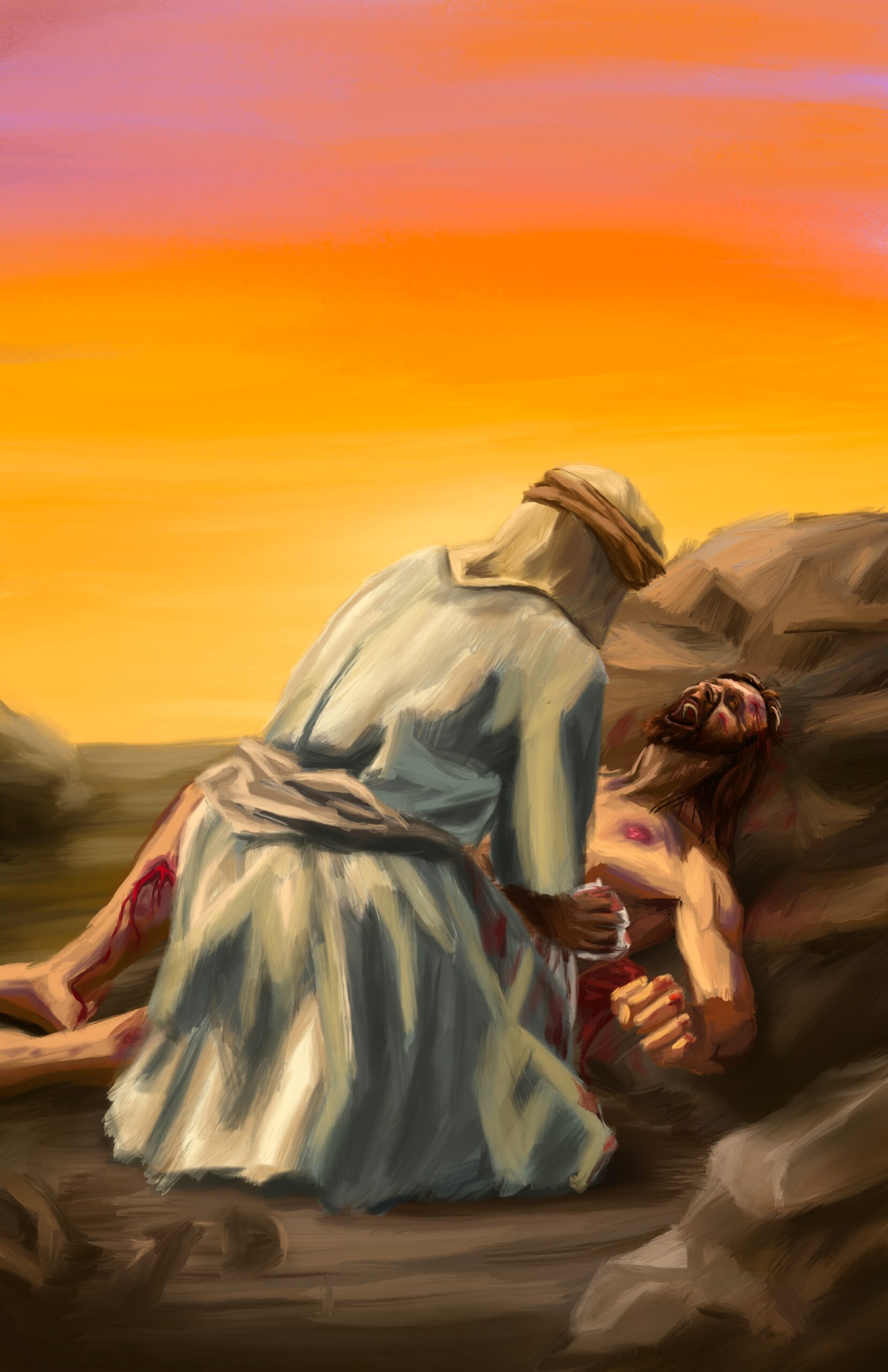 An artist's depiction of the Good Samaritan helping the injured man.