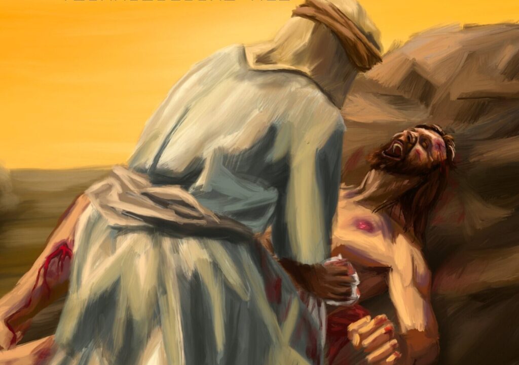 Image of the Good Samaritan helping the injured man.